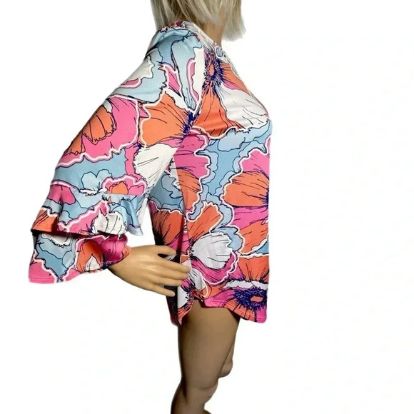 RUBY RD Pink Tropical Floral Blouse 3/4 Flutter Sleeve Size Small Top New - Picture 5 of 13